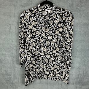 J Jill Top Womens Medium Black Floral Long Sleeve Button Front Stretch Office